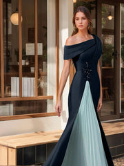 Evening Dress with Ruffles & Appliques in Trumpet Mermaid Style and Short One Shoulder Sleeves