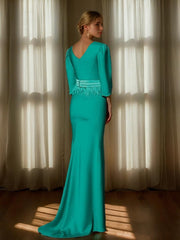 Evening Dress with V Neck and 3/4 Sleeves Featuring Embroidery Belt & Feather in Trumpet Mermaid Style