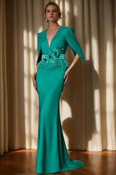 Evening Dress with V Neck and 3/4 Sleeves Featuring Embroidery Belt & Feather in Trumpet Mermaid Style