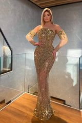 Evening Formal Dress Gold Prom Dress With Beading Sequined With Long Half Sleeves