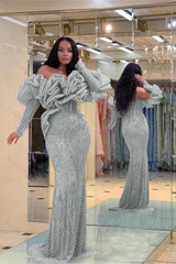 Evening Formal Dress Purple Prom Dress Bubble Sleeves Long Strapless Sequined Beading