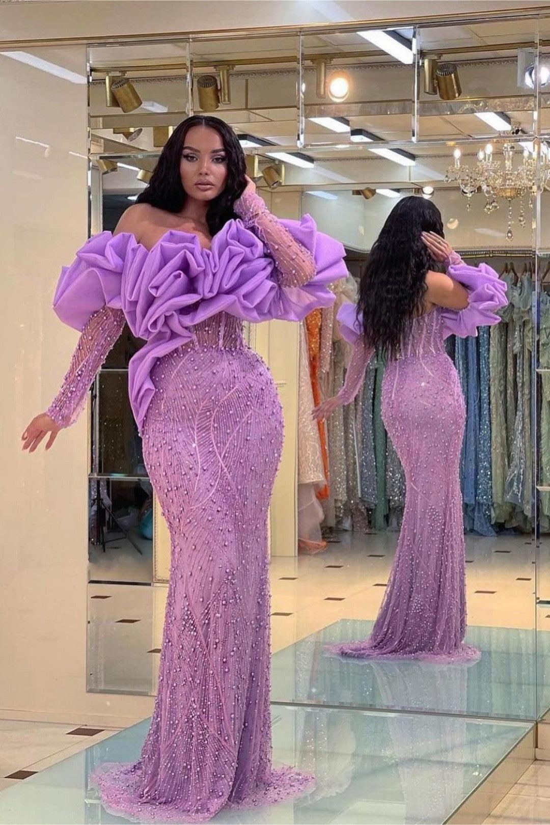 Evening Formal Dress Purple Prom Dress Bubble Sleeves Long Strapless Sequined Beading