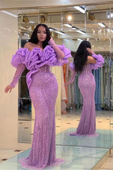Evening Formal Dress Purple Prom Dress Bubble Sleeves Long Strapless Sequined Beading