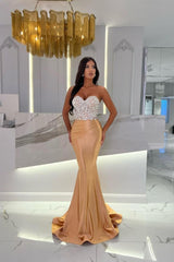 Evening Formal Dress Satin Gold Prom Dress Sweetheart Sleeveless Strapless With Rhinstone Mermaid