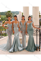 Evening Formal Dress Spaghetti Strap Long Mermaid Satin Sequined Beadings