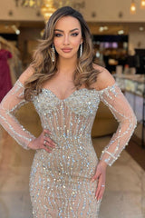 Evening Formal Dress Sweetheart Long Sleeves Strapless Beading Long Tulle