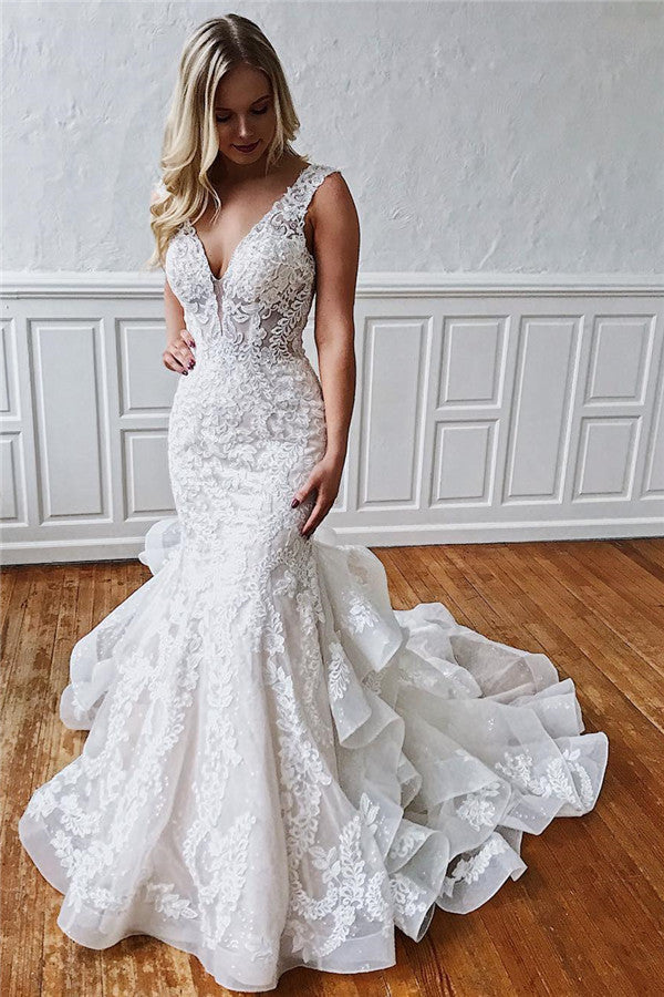 Excellent Sleeveless Ruffled Ivory V-neck Mermaid Appliques Wedding Dresses