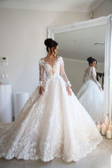 Exquisite Appliques Sheer Tulle Bridal Gowns | Long Sleeve A-line Wedding Dresses