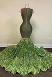 Exquisite Green V-neck Sequins Sleeveless Floor-length Mermaid Prom Dresses