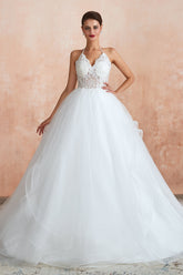 Exquisite Lace Halter Ball Gown White Wedding Dress with Open Back