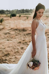 Exquisite Spaghetti Strap Sleeveless A-Line Floor-Length Lace Beach Wedding Dresses