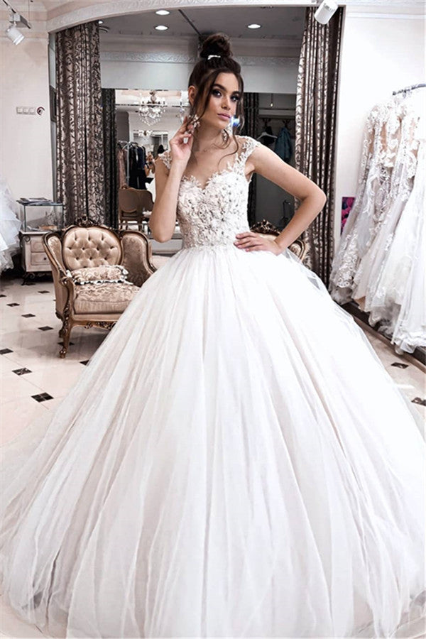 Exquisite Spaghetti-Straps Lace Wedding Dresses | Appliques Puffy Tulle Princess Bridal Dresses | Suzhoufashion Exquisite Spaghetti-Straps Lace Wedding Dresses | Appliques Puffy Tulle Princess Bridal Dresses | Suzhoufashion