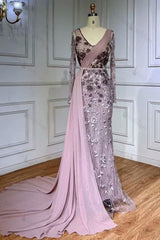 Exquisite V Neck Prom Dress Long Sleeves Appliques Bead Embroidery Evening Formal Dress