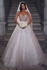 Eye-catching Strapless Crystal White Tulle Lace A-Line Wedding Dresses