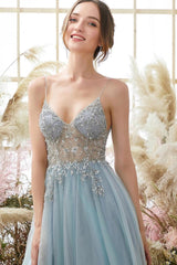 Fabulous Blue V-Neck Spaghetti-Straps Split Beading Evening Dresses