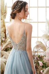 Fabulous Blue V-Neck Spaghetti-Straps Split Beading Evening Dresses