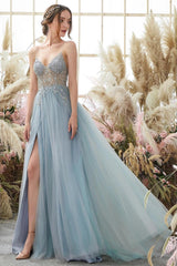 Fabulous Blue V-Neck Spaghetti-Straps Split Beading Evening Dresses