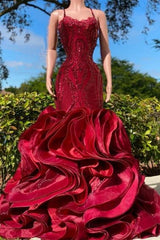 Fabulous Burgundy Spaghetti Straps Sleeveless Piping Lace Mermaid Prom Dresses