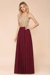 Fabulous Gold Appliques Party Dress Chiffon Lace Prom Long Ball Gown