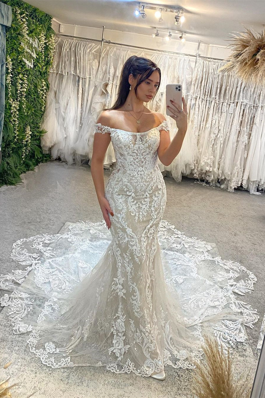 Fabulous Off-The-Shoulder Sleeveless Mermaid Lace Bridal Dress with Cathedral Train
