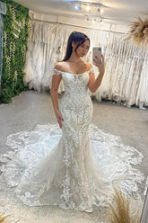 Fabulous Off-The-Shoulder Sleeveless Mermaid Lace Bridal Dress with Cathedral Train