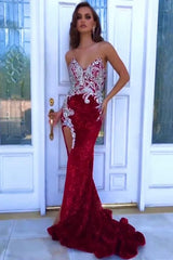Fabulous Red Sleeveless Split Mermaid Evening Dresses With Crystal