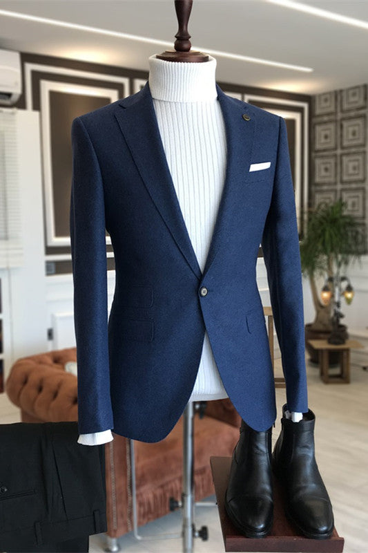 Fancy Dark Blue Notched Lapel Men's Prom Suit