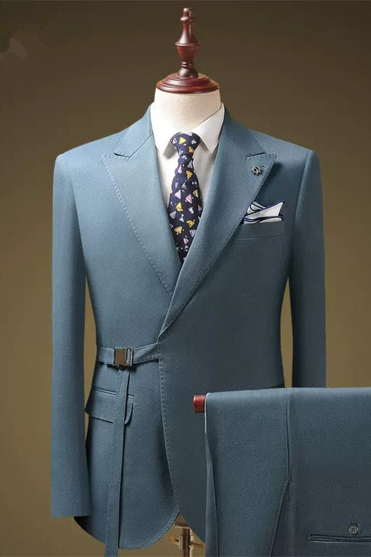 Fancy Light Blue Peaked Lapel 2 Piece Men's Prom Suit