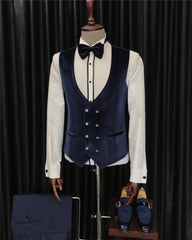 Fancy White 3 Piece Jacquard Wedding Suit with Navy Blue Shawl Lapel