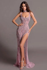 Fashion Sheath Bead Embroidery Dusk Square Split Long Evening Formal Dress