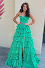 Fashionable A Line Strapless Hot Pink Corset Prom Dress With Beading Ruffles Formal Evening Gown