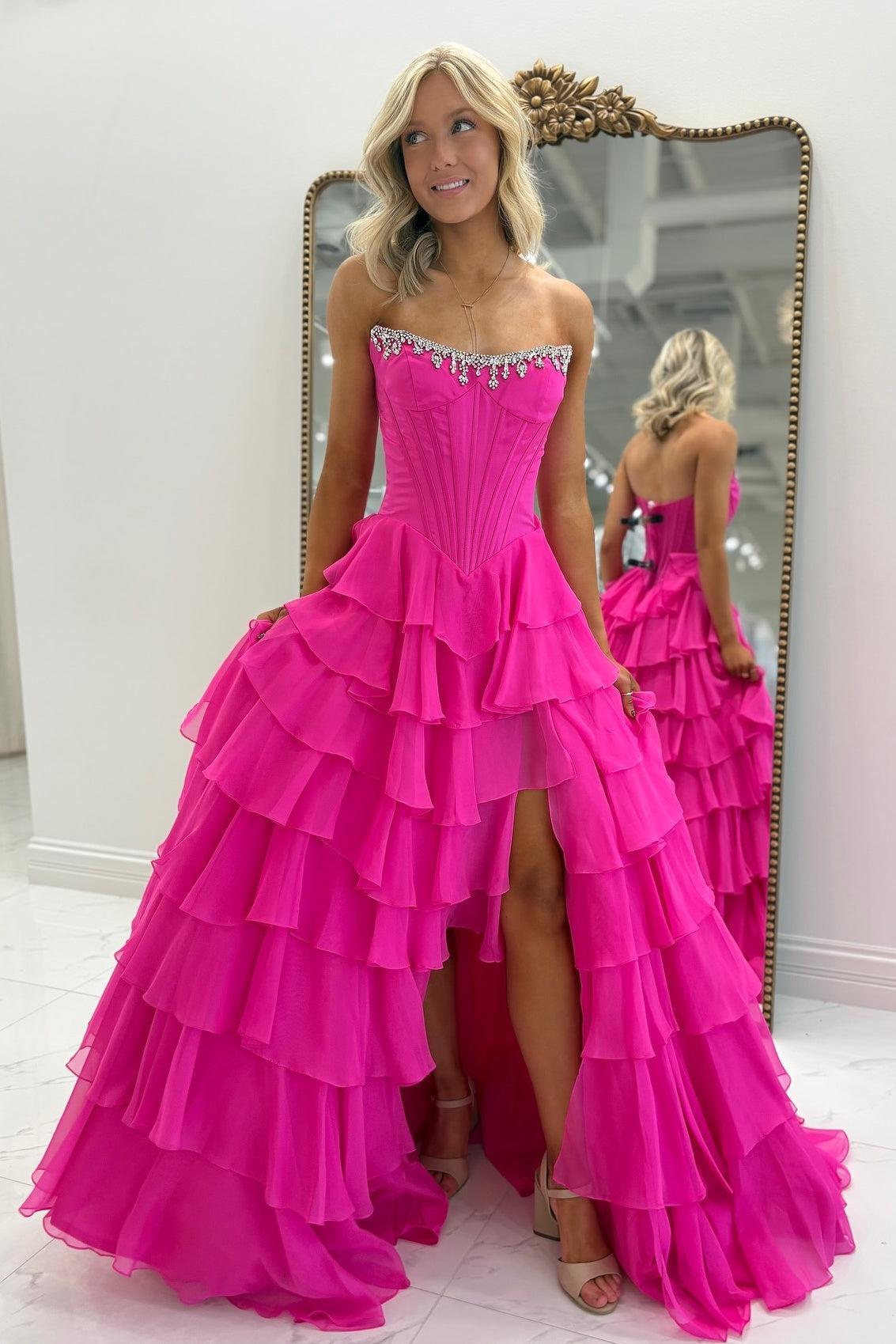 Fashionable A Line Strapless Hot Pink Corset Prom Dress With Beading Ruffles Formal Evening Gown