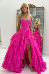 Fashionable A Line Strapless Hot Pink Corset Prom Dress With Beading Ruffles Formal Evening Gown