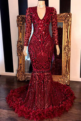 Feather Mermaid Burgundy Prom Dresses | Long Sleeve Sparkle Lace Appliques Evening Gowns