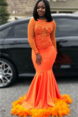 Feather Mermaid Orange Prom Dresses | Long Sleeve Sparkle Appliques Evening Gowns