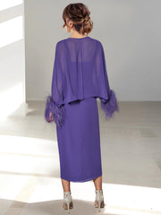 Feathered Jacket Tea Length Mother of the Bride A Line Dress