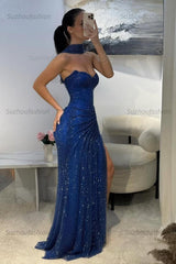 Fitted Dark Blue Halter Evening Gown With Ruched Detailing And Scarf Formal Evening Gown