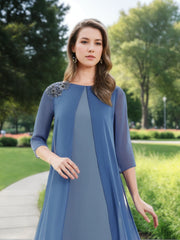 Long A Line Mother of the Bride Dress with Jewel Neckline 3/4 Sleeves and Chiffon Cape