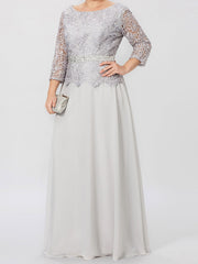 Long A Line Gown with Round Neck and 3/4 Sleeves Embellished with Applique & Sequins