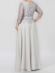 Long A Line Gown with Round Neck and 3/4 Sleeves Embellished with Applique & Sequins