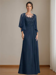 Long A Line Mother of the Bride Dress with Scoop Neck Pleats and Sequins