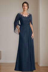 Long A Line Mother of the Bride Dress with Scoop Neckline Pleated & Sequins