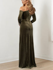 Long Mother of the Bride A Line Dress with Beaded Cuffs and Asymmetrical Neckline