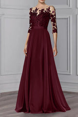 Long Mother of the Bride A Line Dress with Jewel Neck and 3/4 Sleeves