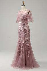 Long Mother of the Bride Lace Dress with Trumpet Mermaid Scoop Half Sleeves