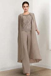 Long Round Neck Chiffon Pantsuits For The Mother Of The Bride With Jacket And Applique