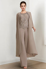 Long Round Neck Chiffon Pantsuits For The Mother Of The Bride With Jacket And Applique