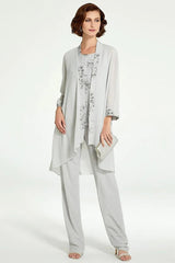 Long Round Neck Chiffon Pantsuits with Jacket for the Mother of the Bride