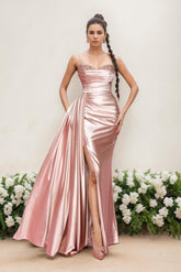 Long Sleeveless Mother of the Bride Dress with Spaghetti Straps and Side Split