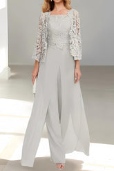 Long Square Neck Chiffon Mother of the Bride Pantsuit with Jacket & Side Split